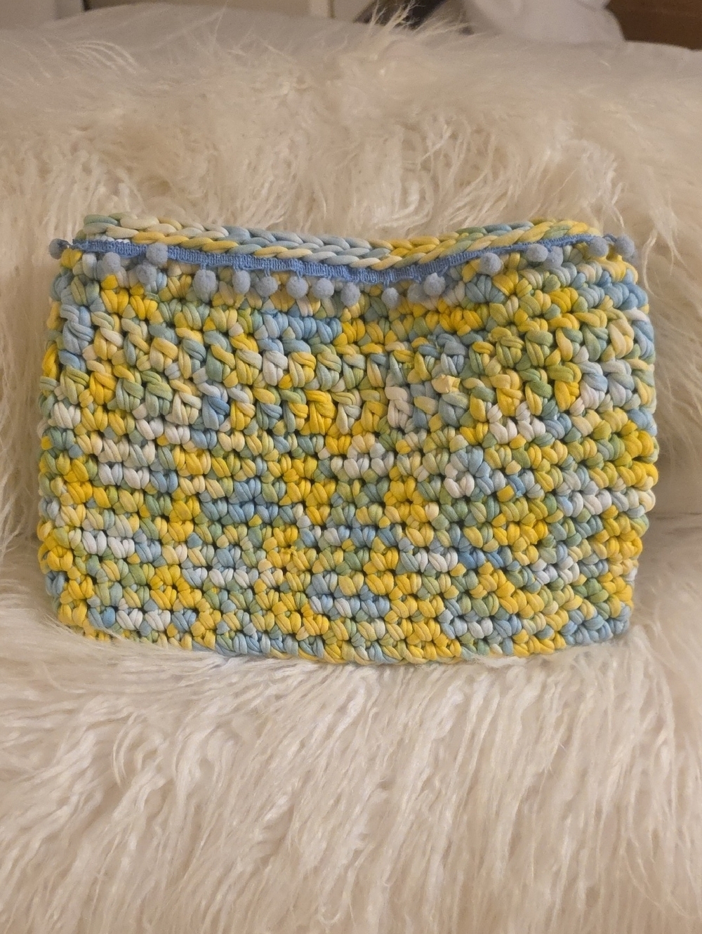 Handwoven Pastel Yellow & Blue Crochet Wristlet Clutch 10.5×7 Inches